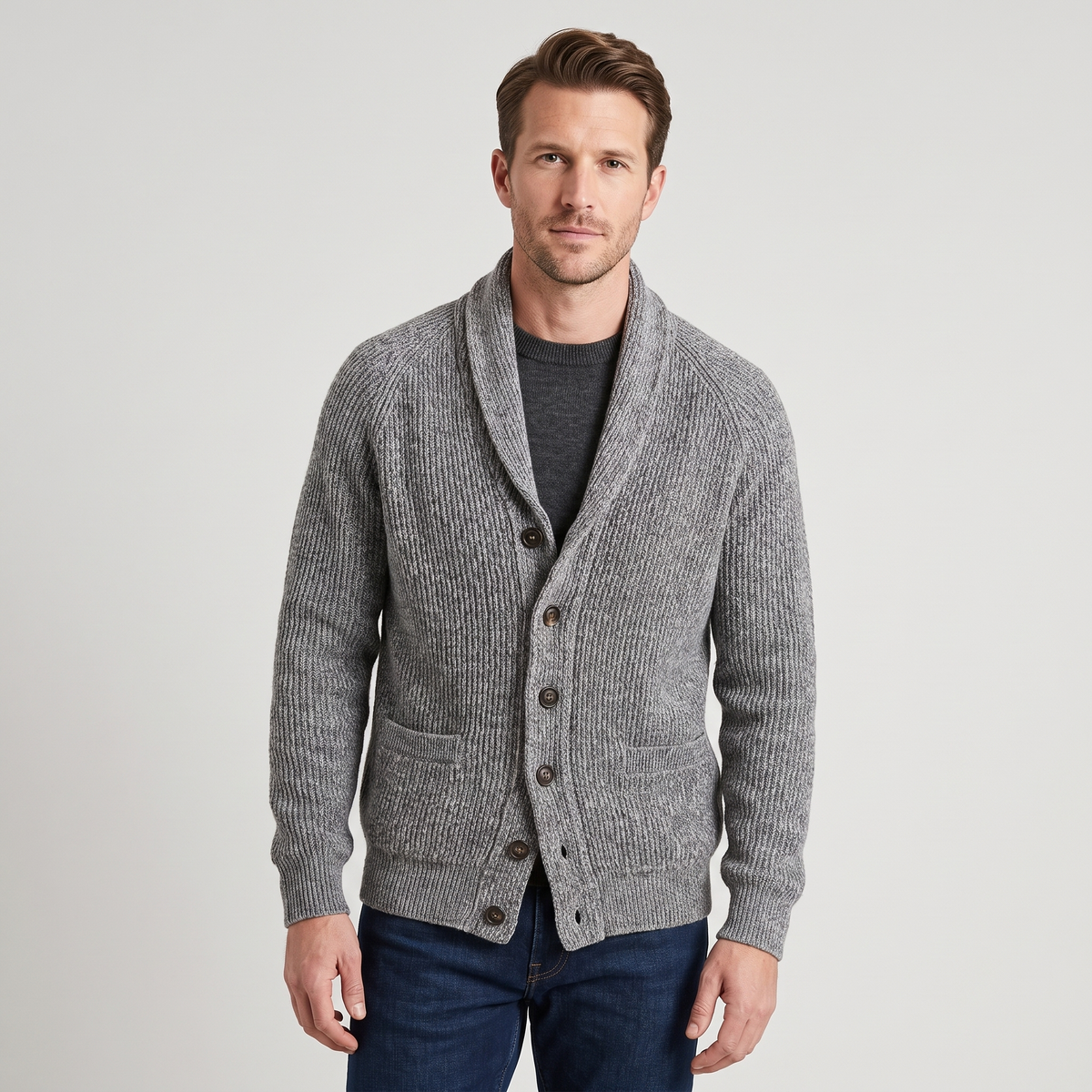 Brian Mens Shawl Collar Cardigan Sweater in Dense Knit in Gray