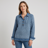 Kristen | Womens Cable Knit Sweater with Collar and Button Neckline | Relaxed Fit, Long Sleeves | Blue, Gray, Brown S-3XL