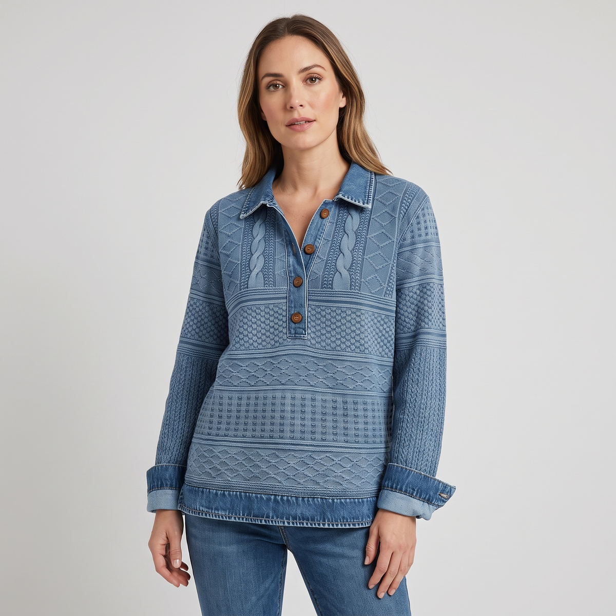 Kristen Womens Cable Knit Sweater with Collar and Button Neckline in Blue