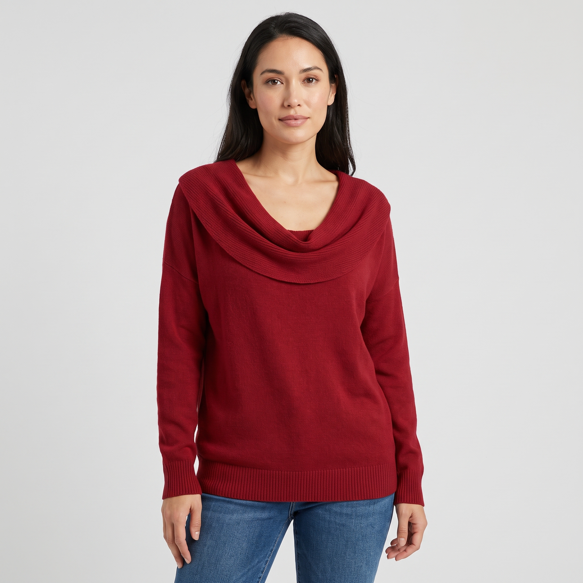 Natalie Womens Cowl Neck Knit Sweater in Soft Cotton in Red