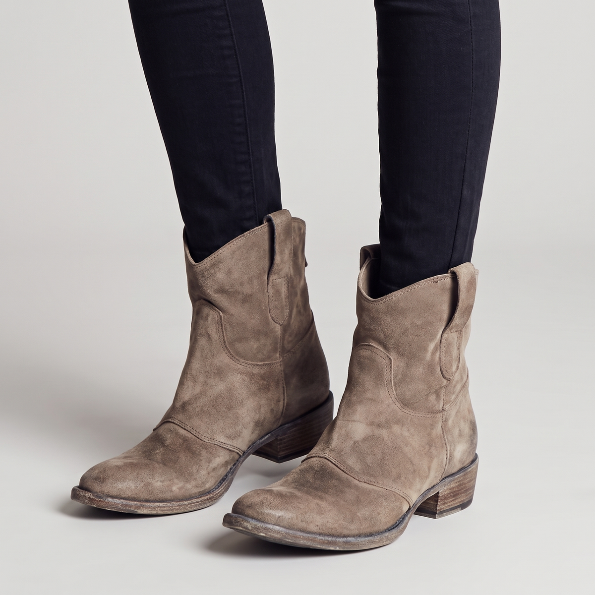 Caitlin Womens Suede Western Ankle Boots with Low Block Heel in Brown