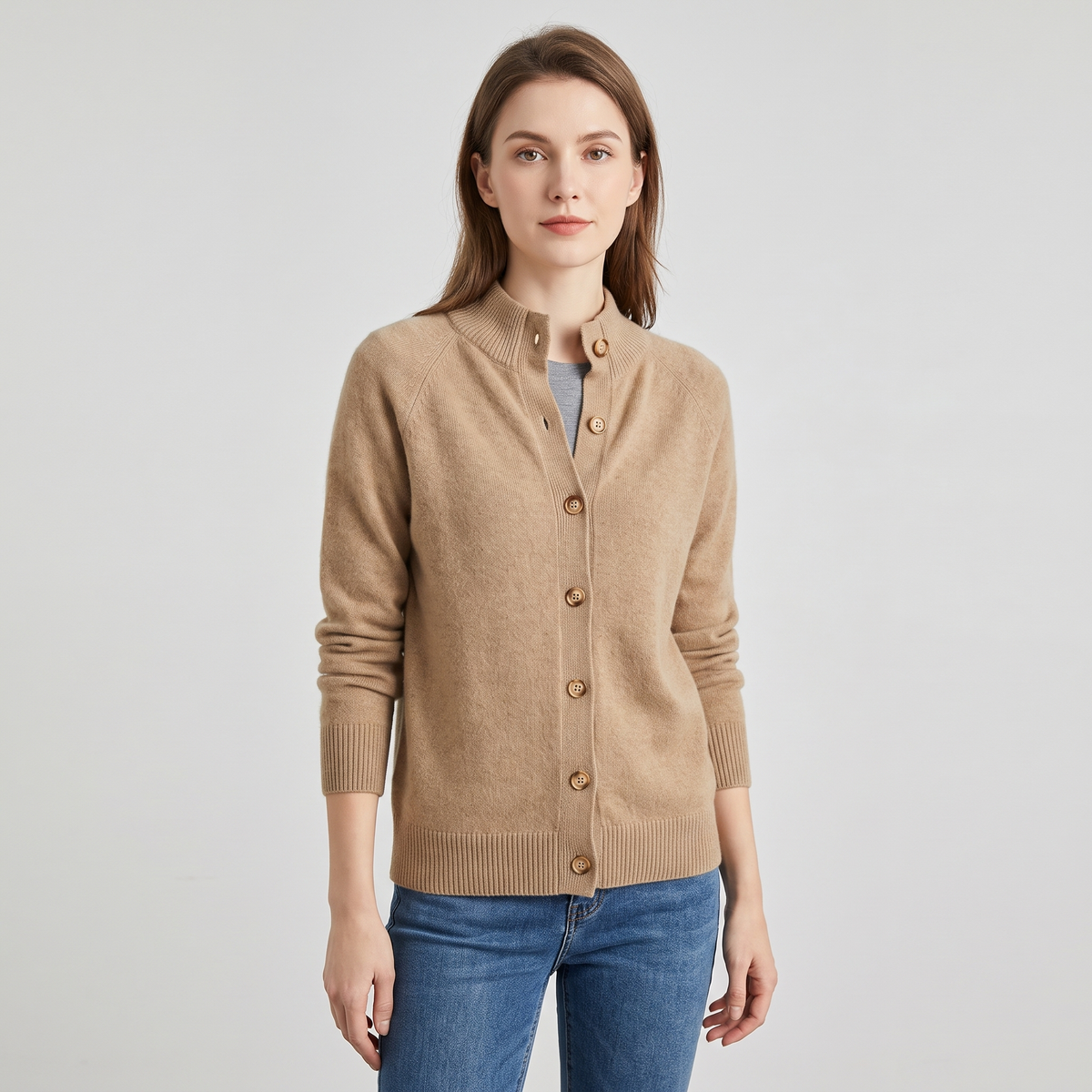 Jennifer Womens Cashmere Cardigan, Button Front in Khaki