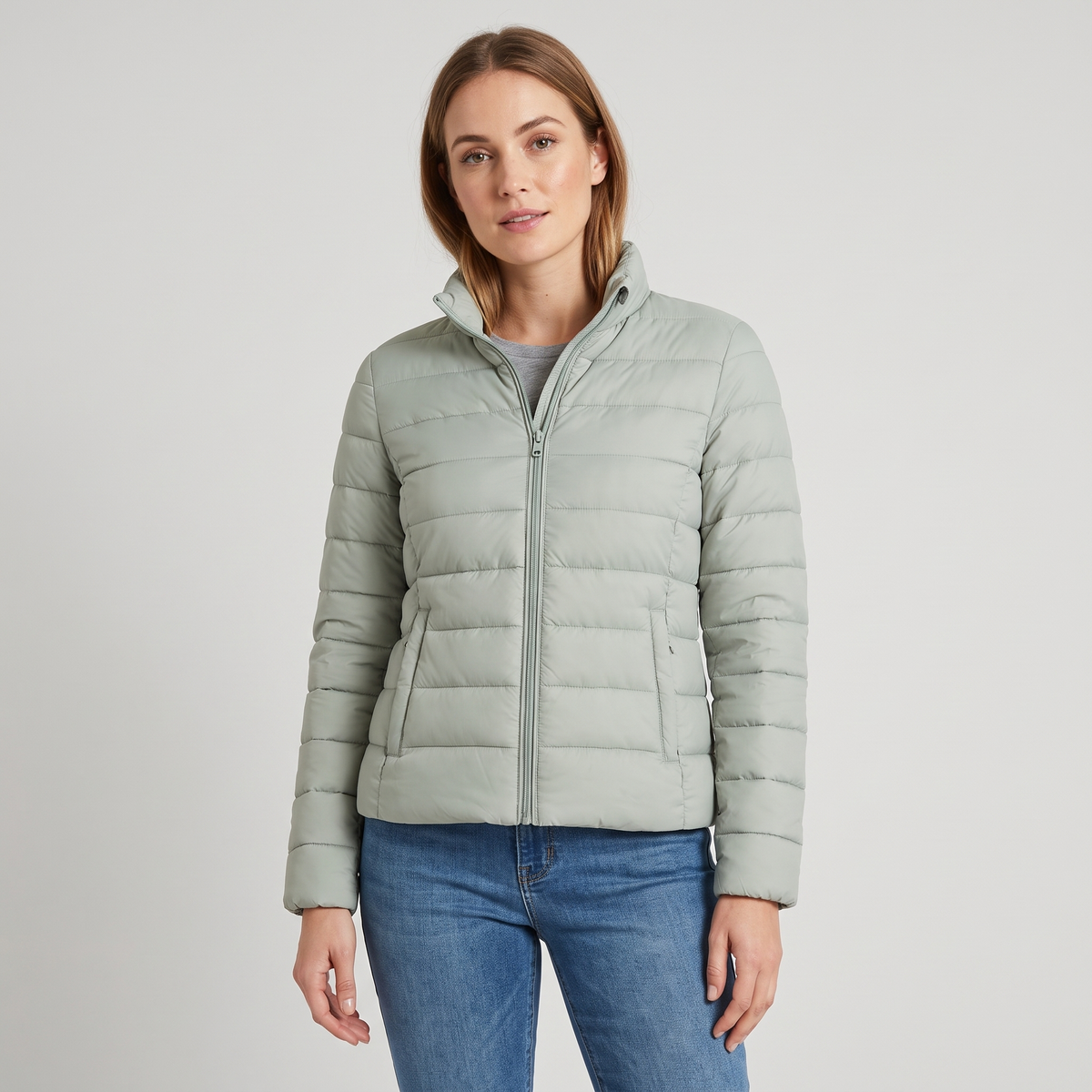 Jessica Womens Lightweight Puffer Jacket with Stand Collar in Green