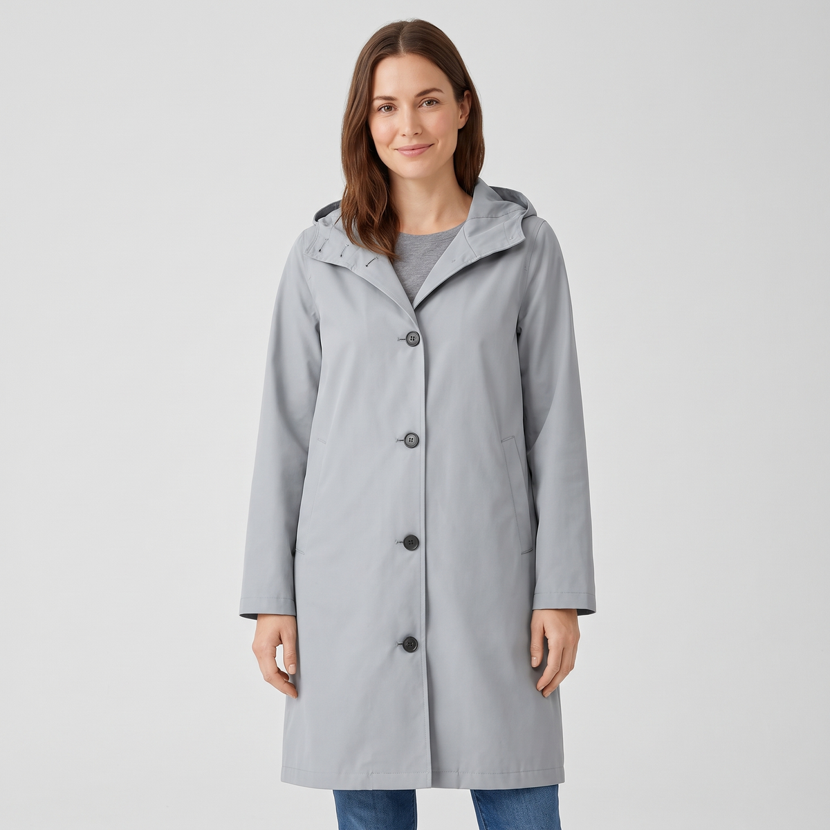 Mary Womens Hooded Waterproof Rain Trench Coat in Gray
