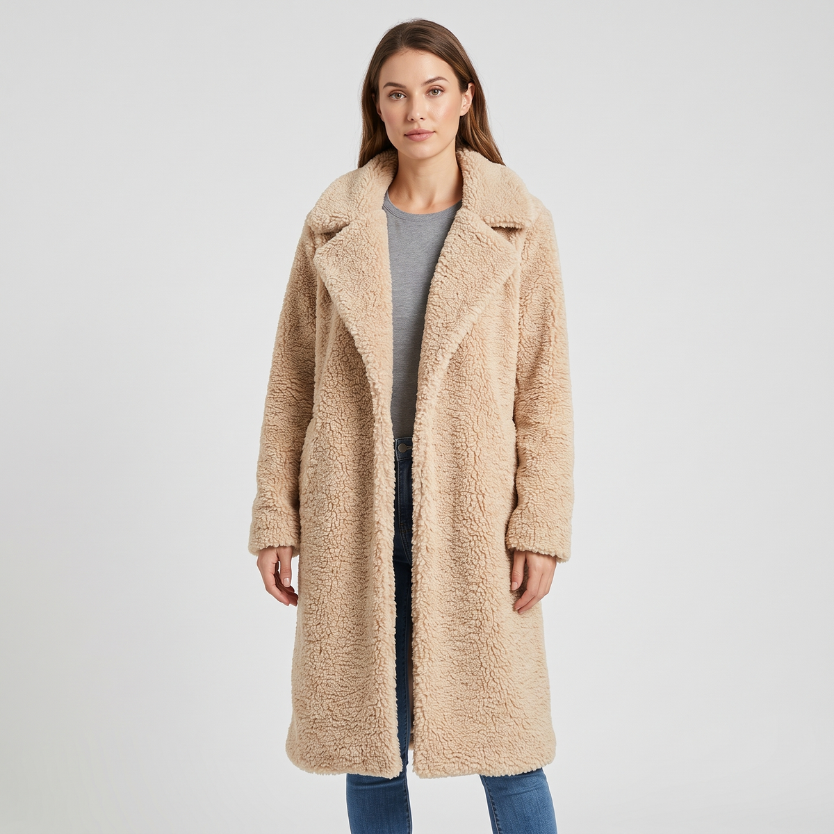 Sandra Womens Long Teddy Coat in Soft Fleece in Apricot
