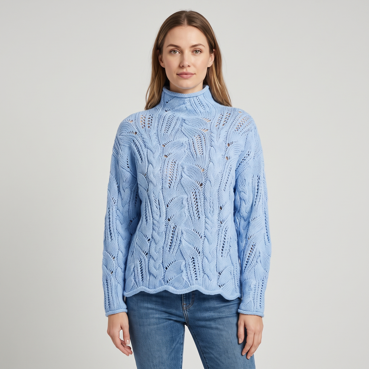 Nora Womens Merino Wool Blend Patterned Knit Sweater in Baby Blue