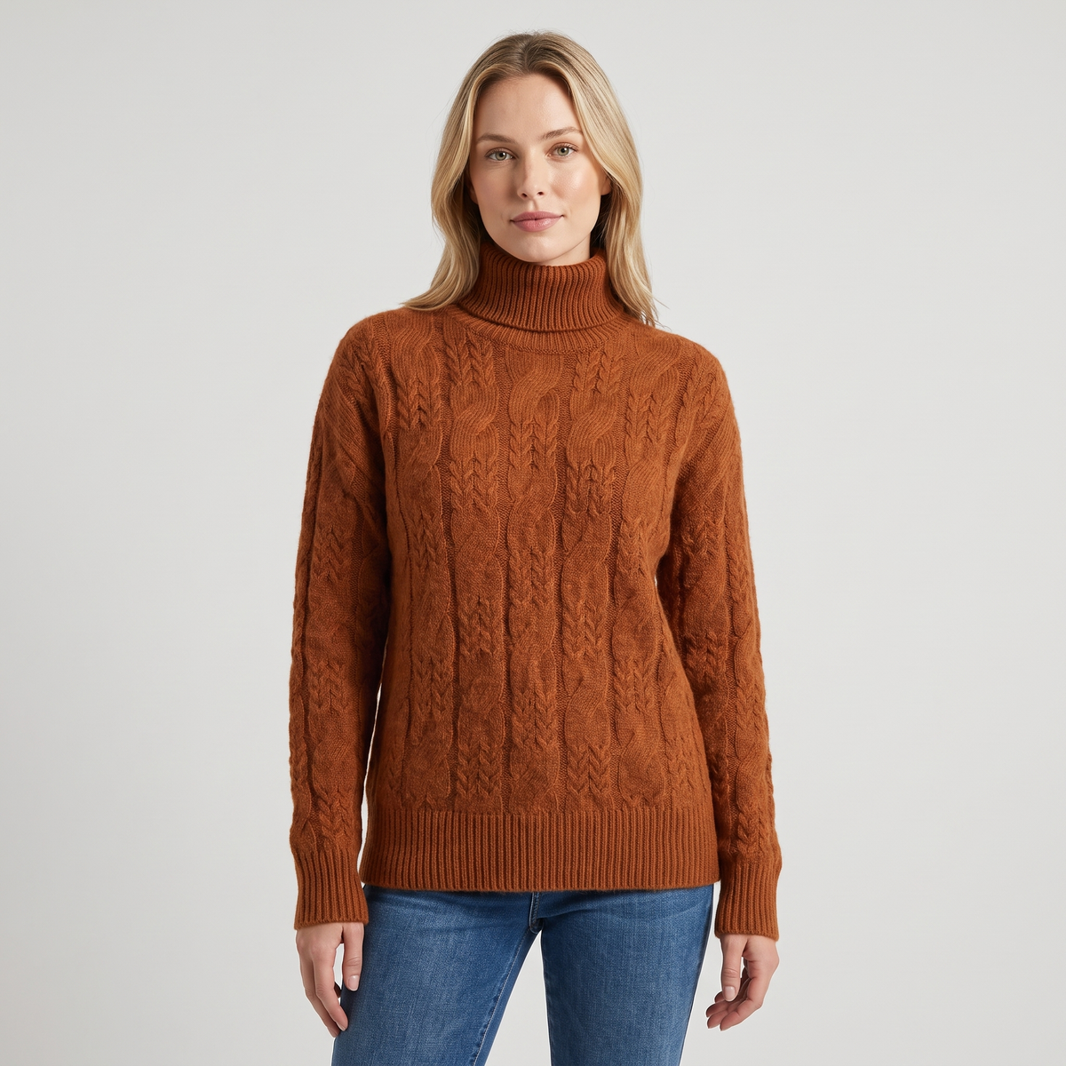Whitney Womens Cable Knit Sweater with Half-High Collar