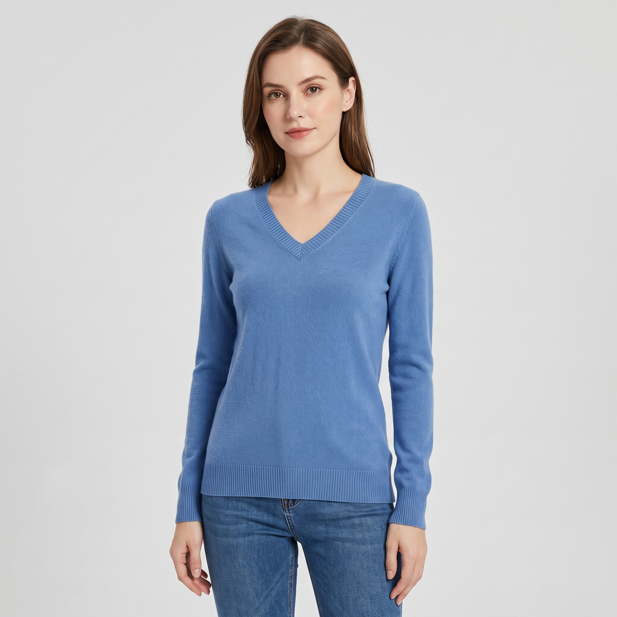 Sheena Womens V-Neck Sweater with Cashmere Feel in Blue