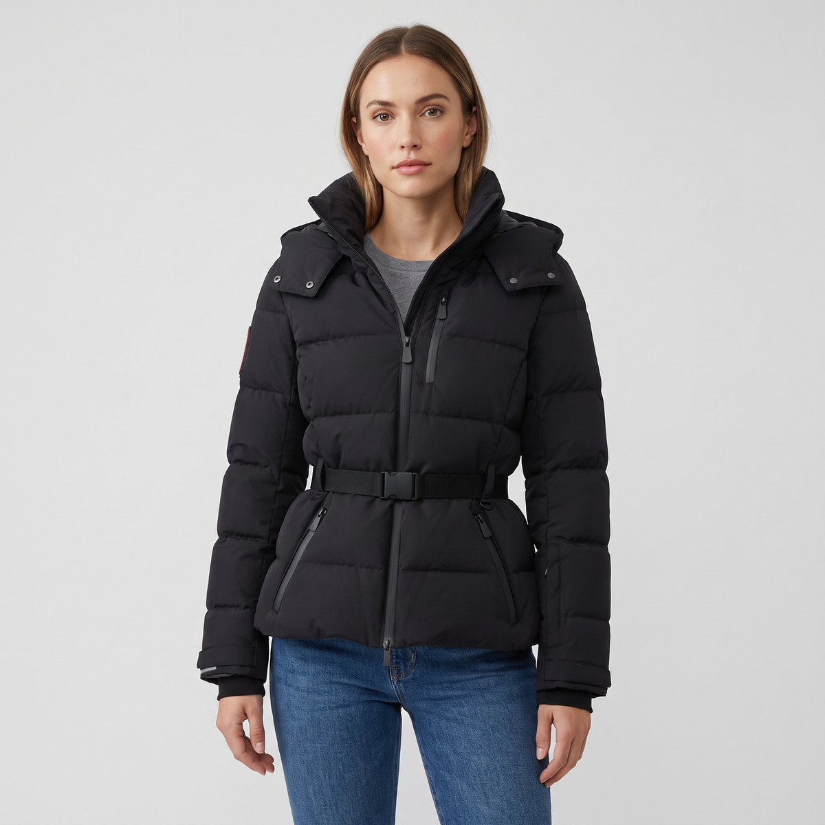 Amy Womens Belted Puffer Jacket with Hood in Black