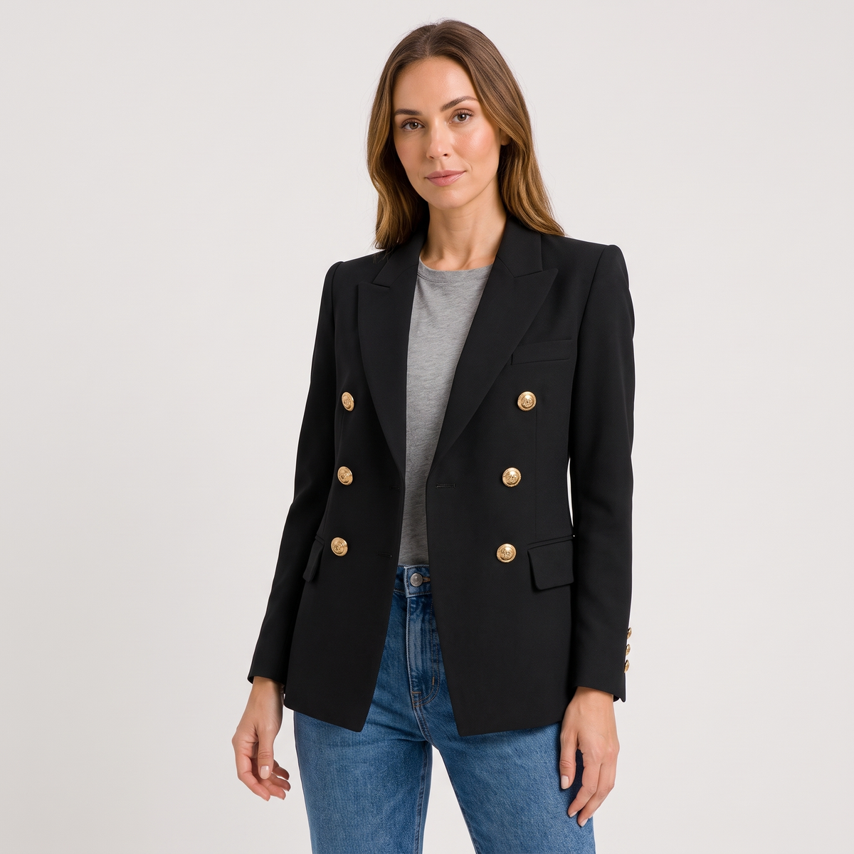 Erin Womens Double-Breasted Blazer with Gold-Tone Buttons in Black