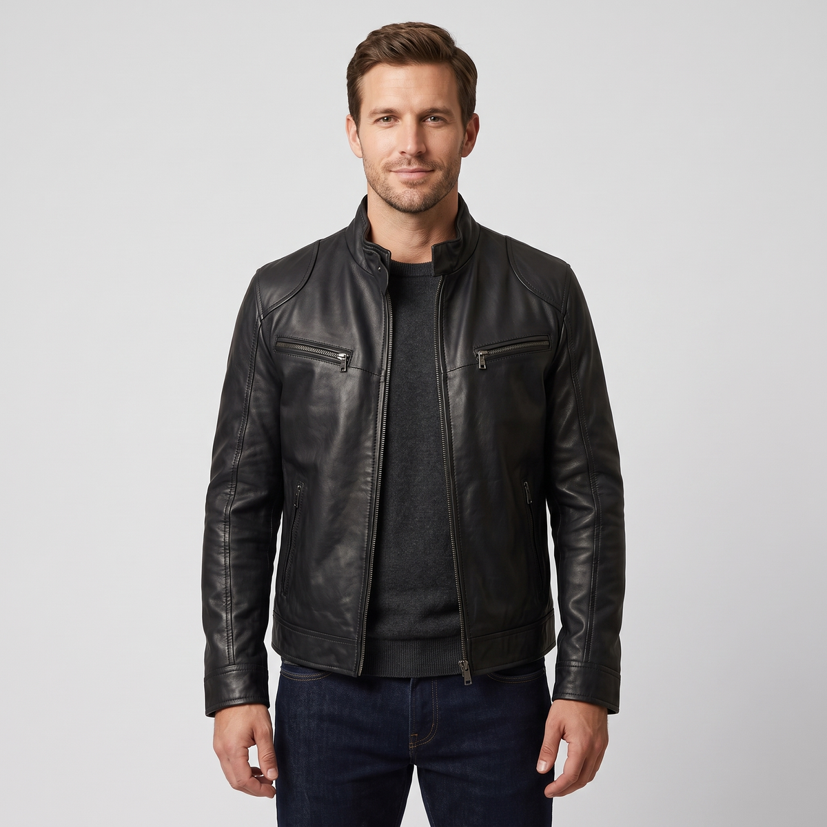 Jon Mens Leather Jacket with Stand Collar in Black