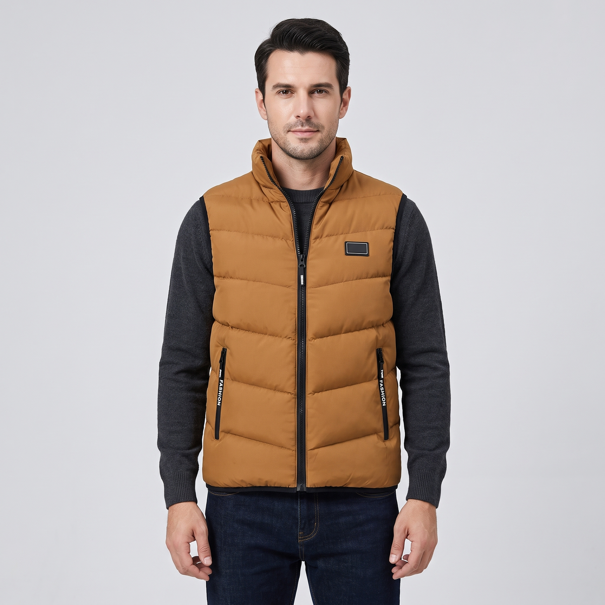 Carlton Mens Quilted Puffer Vest with Stand Collar in Brown