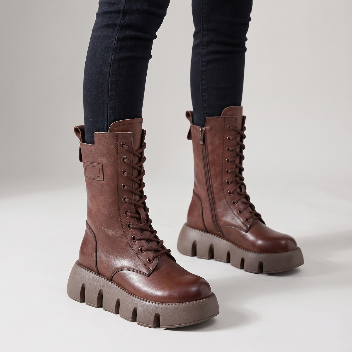 Kate Womens Winter Boots with Side Zip and Laces in Brown