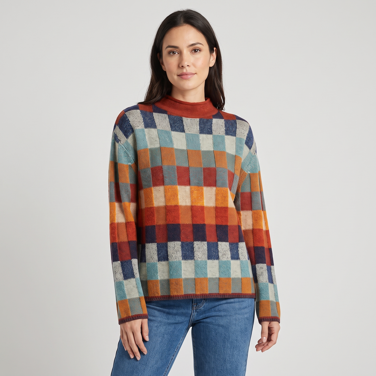 Emma Womens Cashmere Sweater with Block Check in Orange