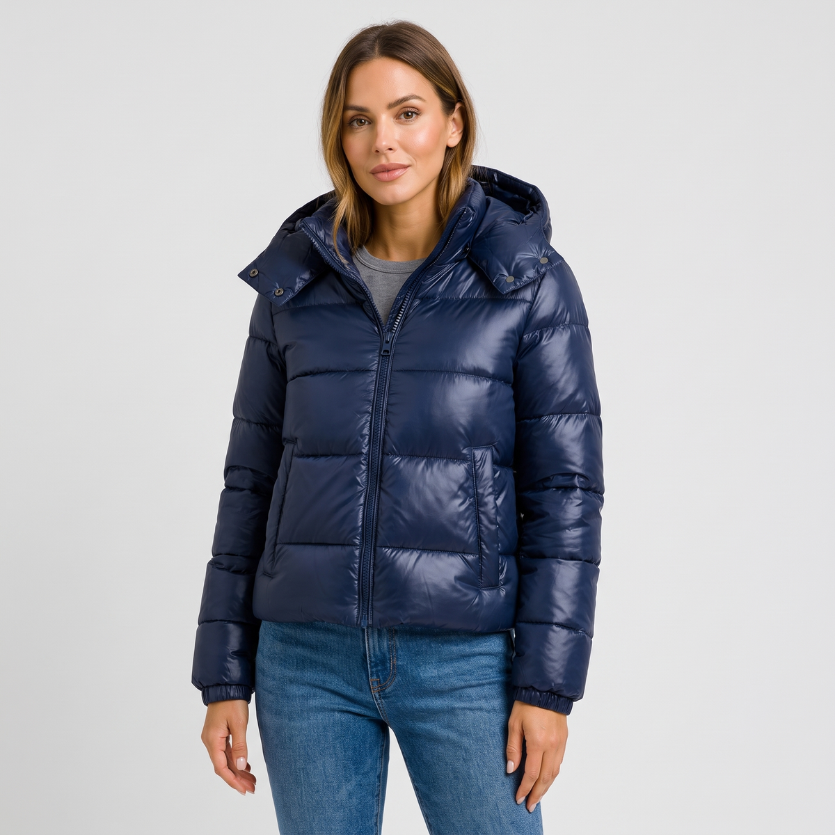 Diana Womens Hooded Puffer Jacket, Quilted in Navy