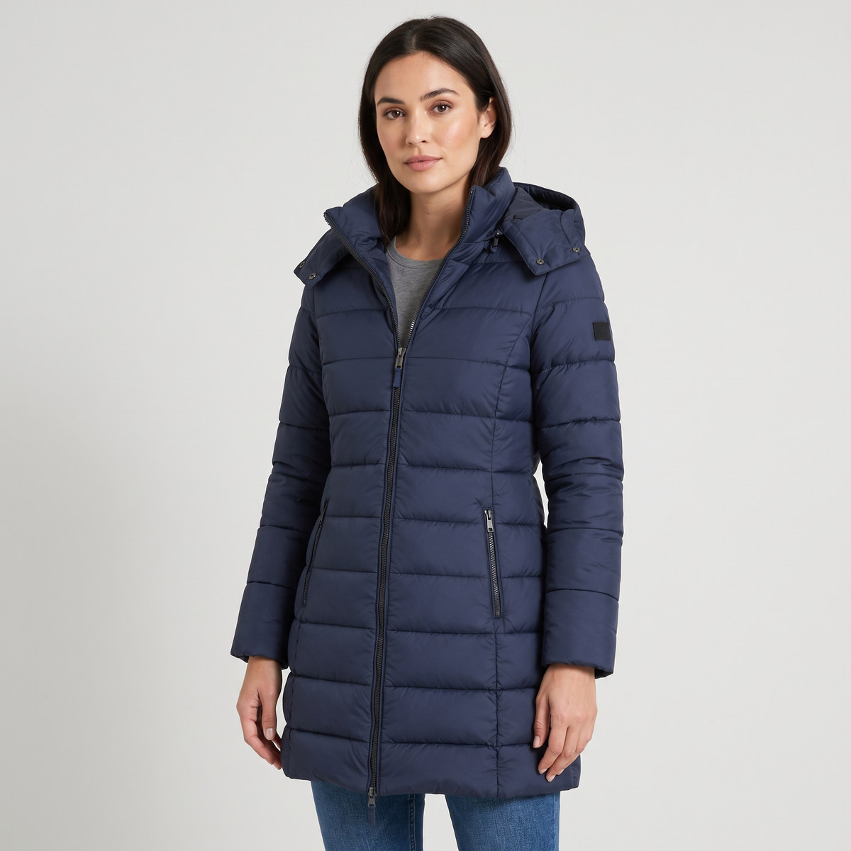 Heidi Womens Long Hooded Puffer Coat, Quilted in Navy