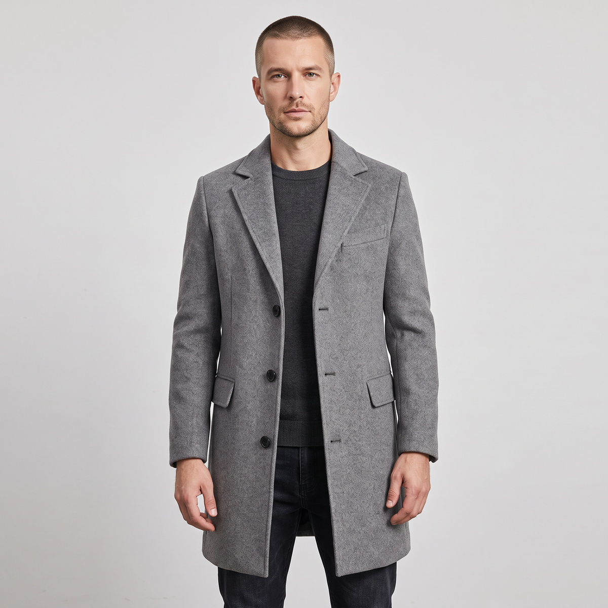 Joshua Mens Long Single-Breasted Overcoat in Gray