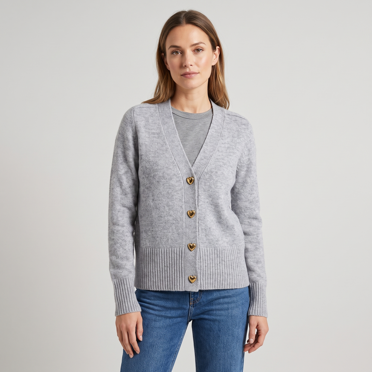 Chelsea Womens V-Neck Cardigan Sweater with Heart Buttons in Gray