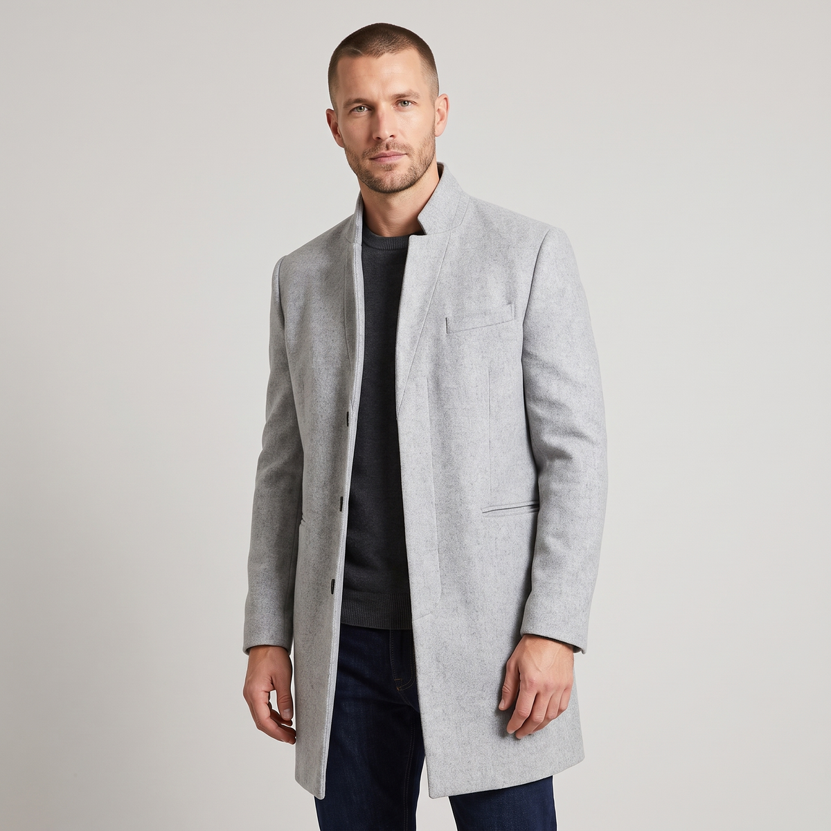 Teddy Mens Slim-Fit Mid-Length Overcoat in Gray