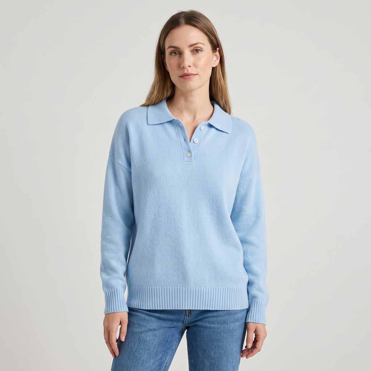 Holly Womens Knit Sweater with Polo Collar and Button Placket in Blue