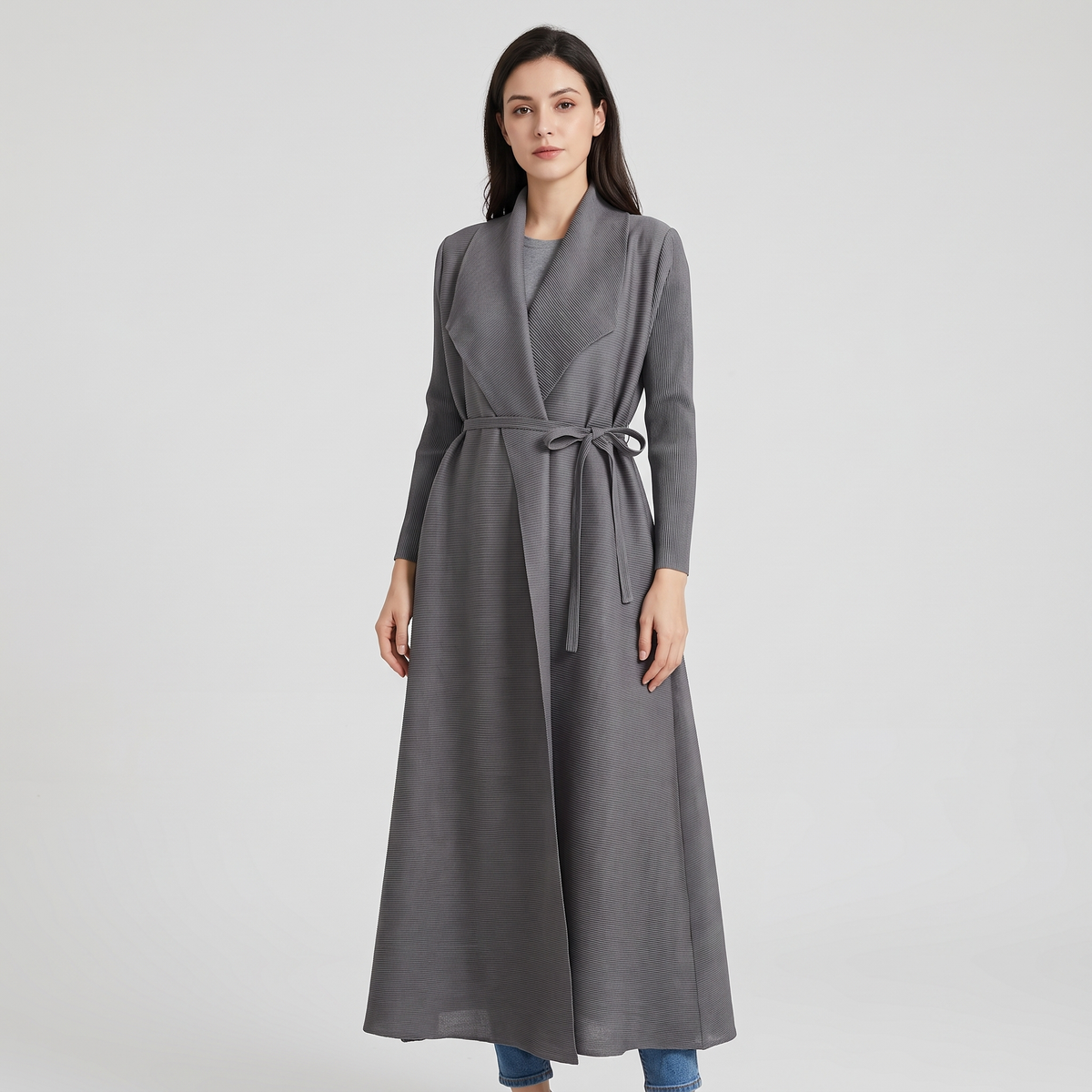 Crystal Womens Belted A-Line Long Coat in Taupe