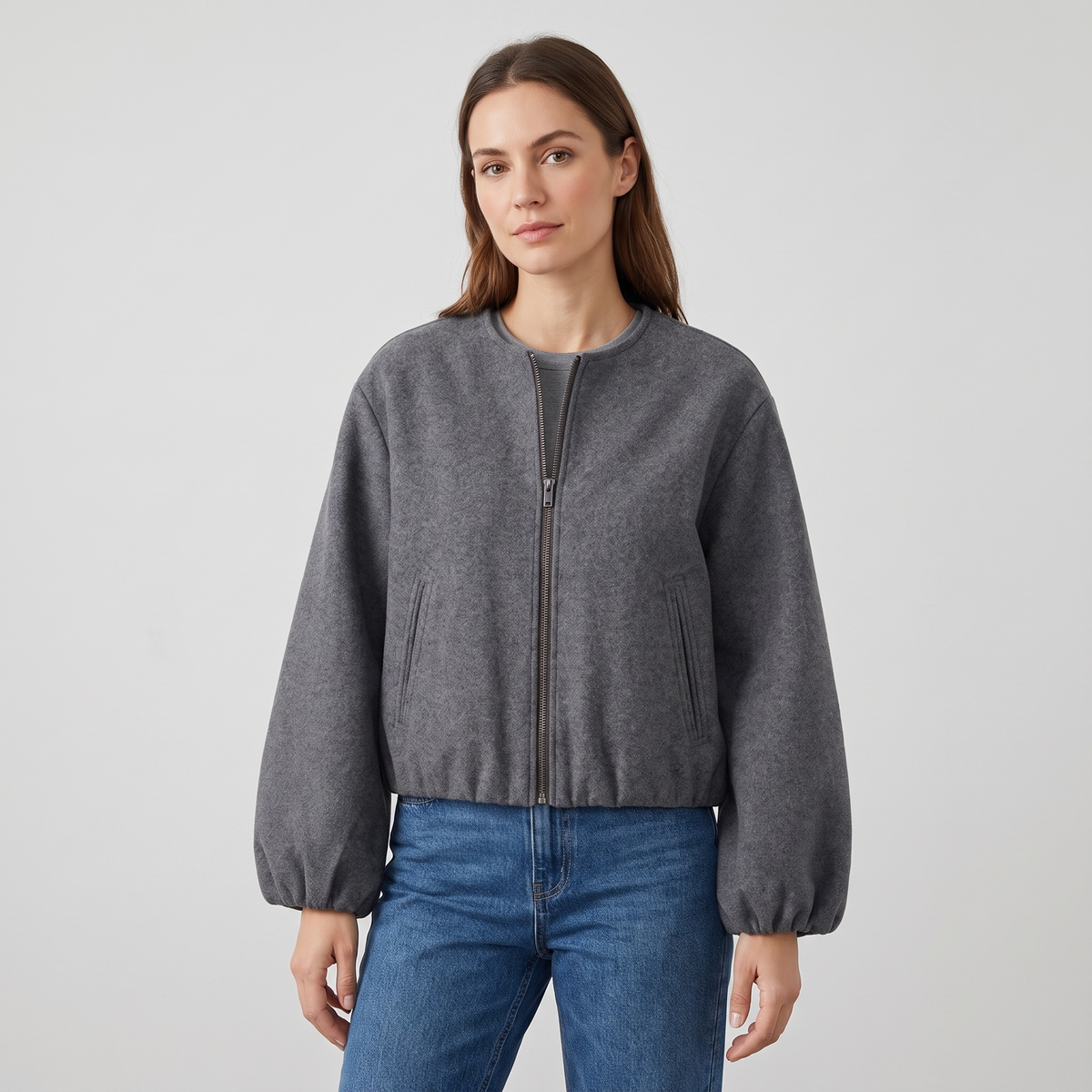 Renee Womens Cropped Bomber Jacket with Ribbed Hem and Cuffs in Dark Gray