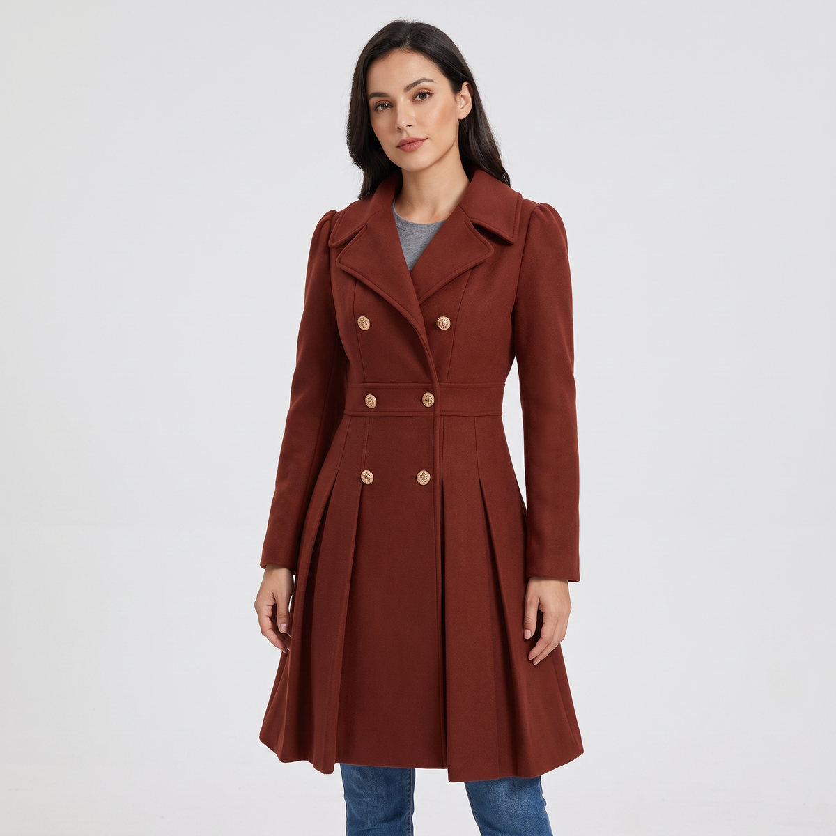 Dami Womens Double Button Coat with Long Sleeves in Deep Red