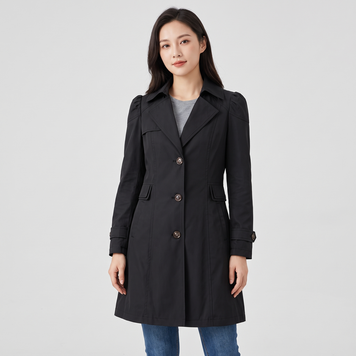 Véronique Womens Mid-Length Trench Coat with Belt in Black