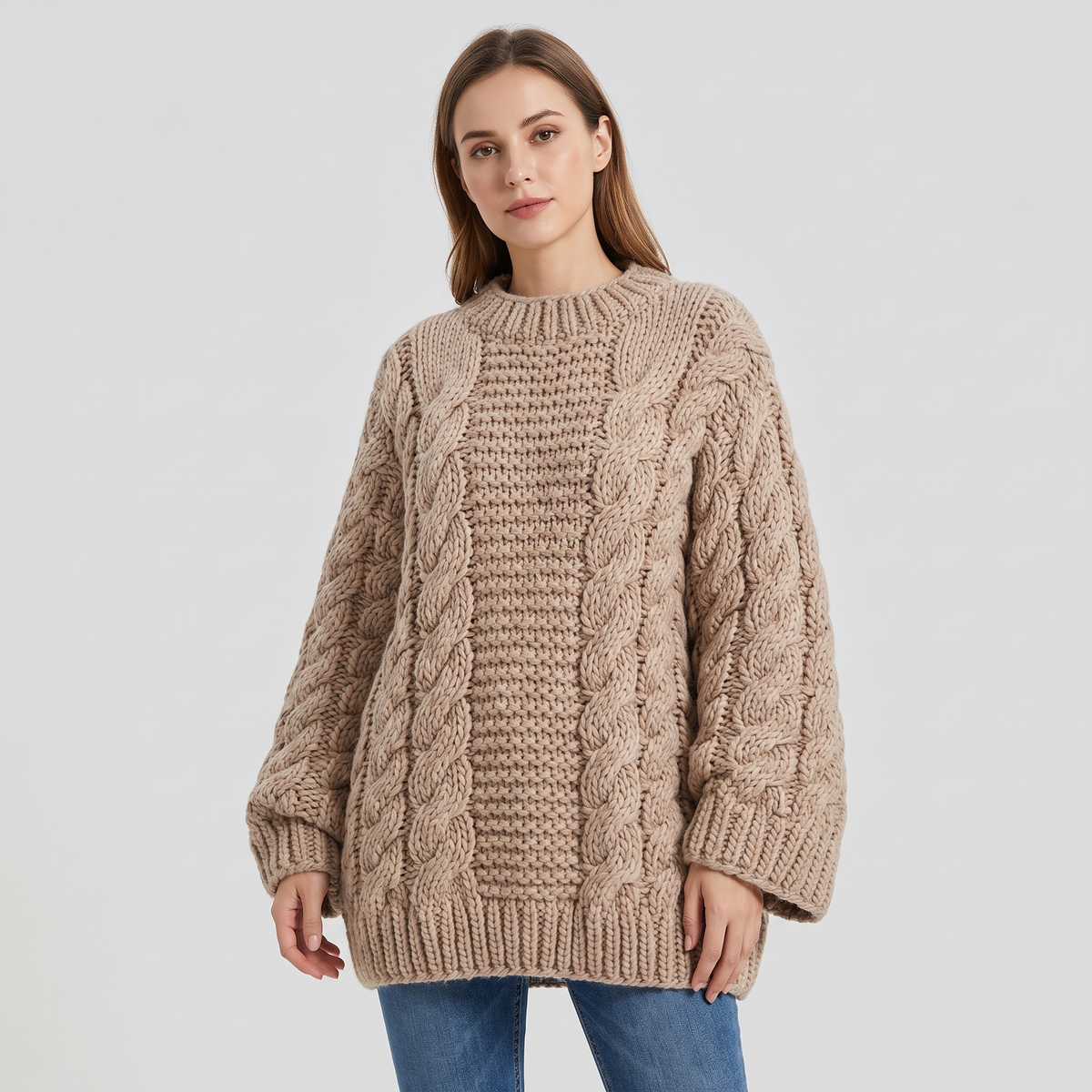 Gail Womens Chunky Knit Sweater with Oversized Fit in Khaki