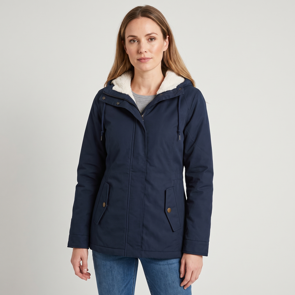 Lacey Womens Winter Jacket with Hood and Fleece Lining in Navy