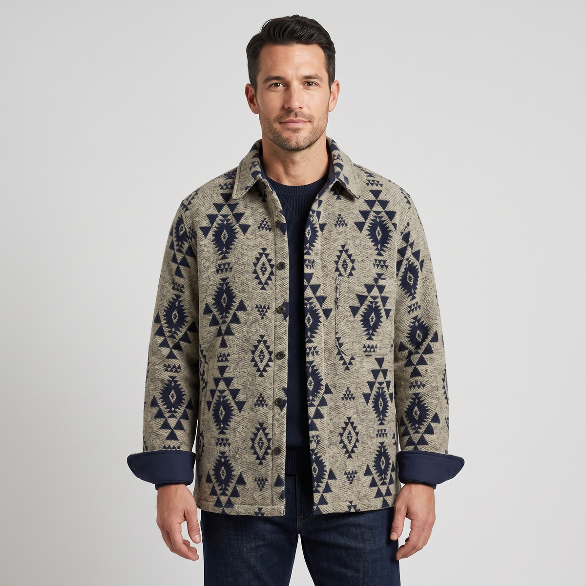 Weston Mens Southwestern Pattern Wool Blend Jacket in Beige Navy