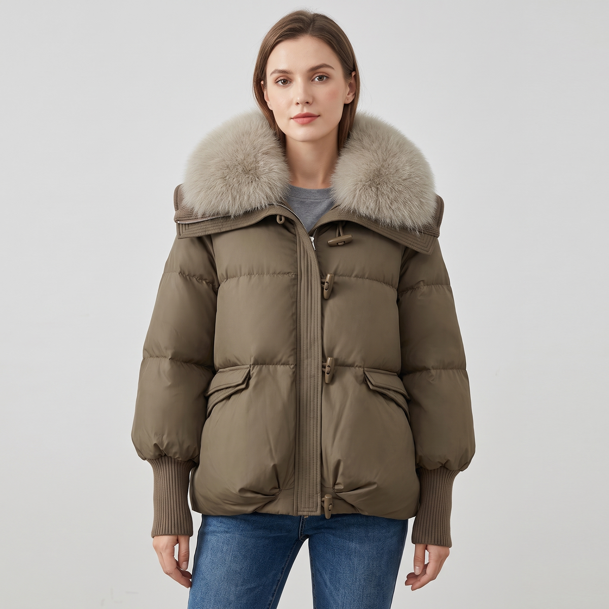 Alyssa Womens Quilted Puffer Jacket with Faux Fur Collar in Brown