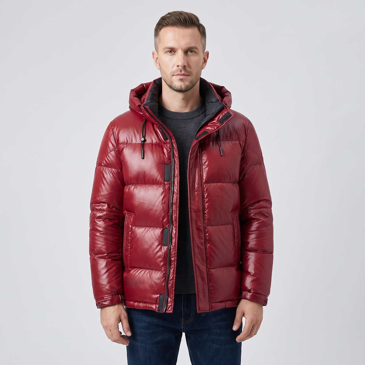 Rhett Mens Lightweight Down Puffer Jacket with Hood in Red