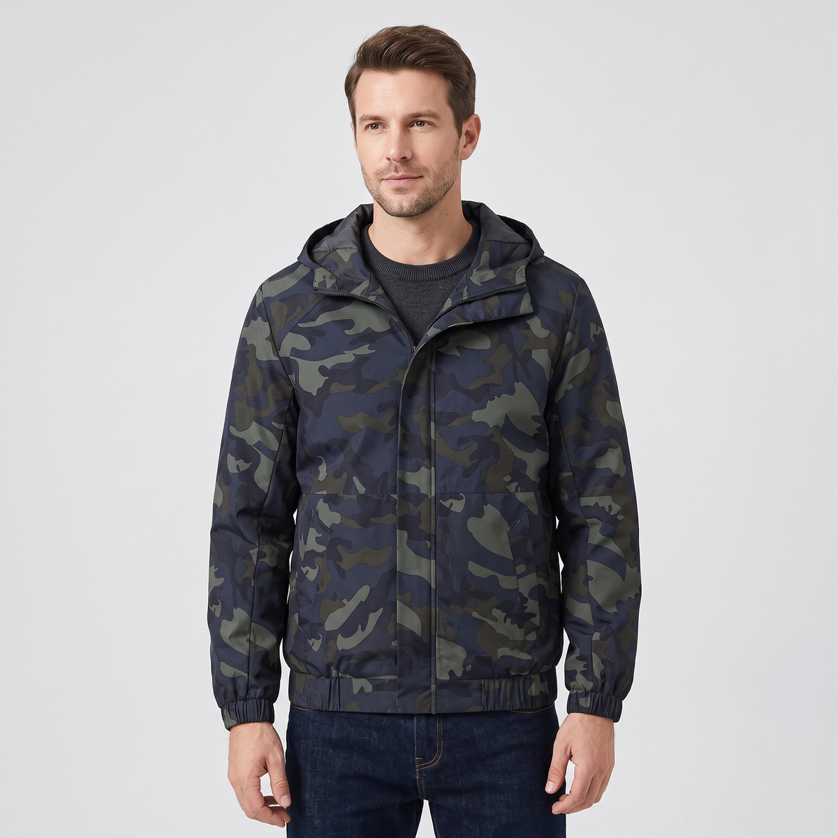 Joel Mens Camo Hooded Jacket, Wind and Water Resistant in Navy