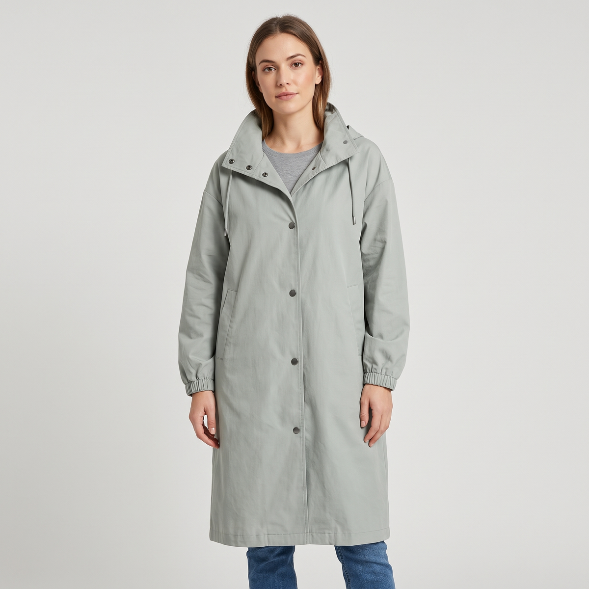 Brittany Womens Oversized Hooded Trench Coat in Light Gray