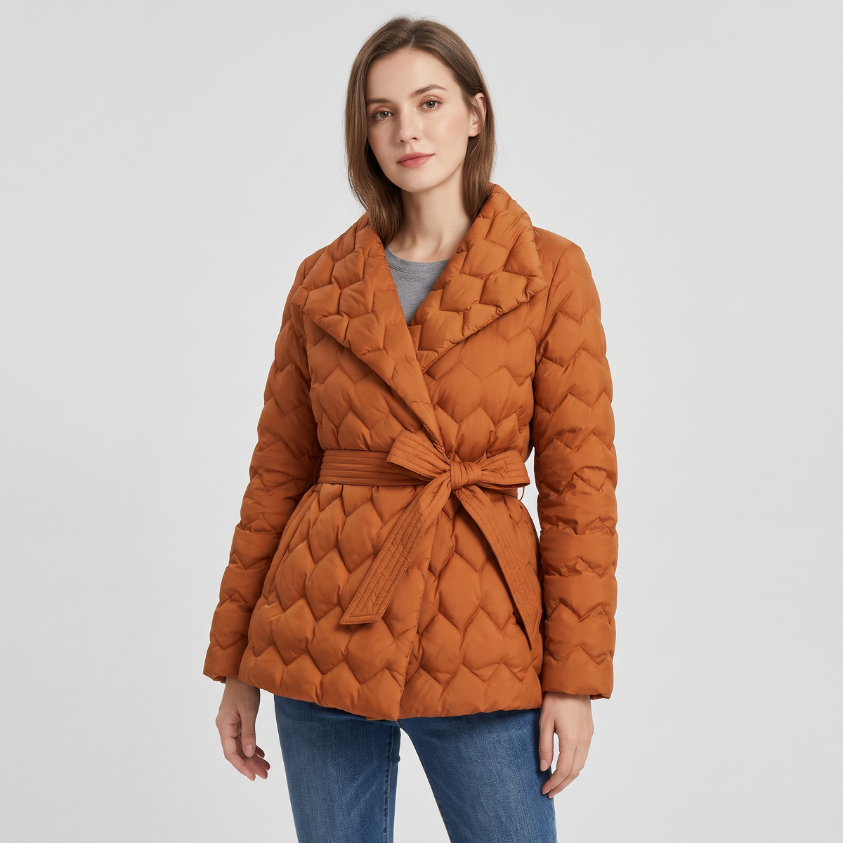 Isabella Womens Quilted Down Coat with Belt in Amber Orange