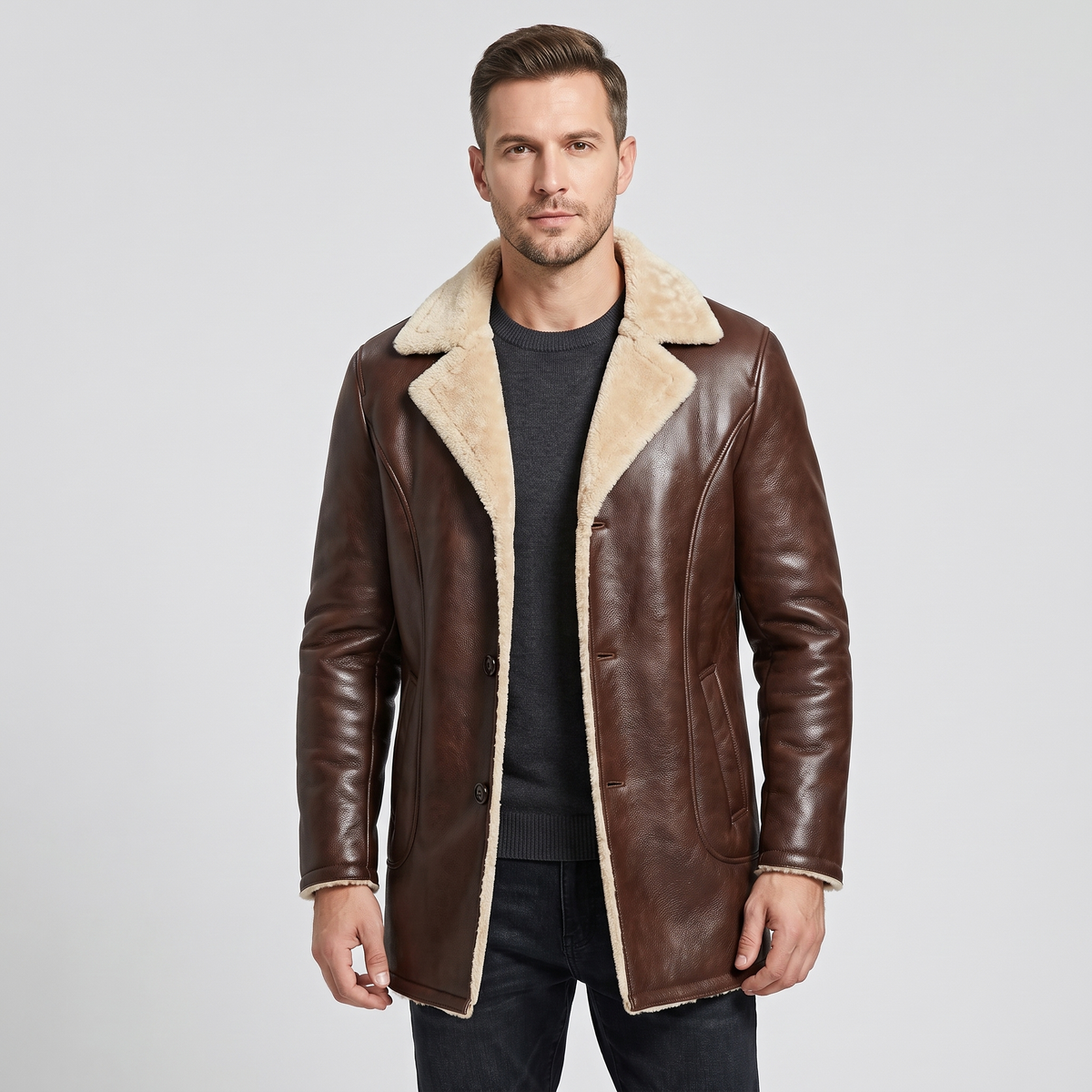 Marshall Mens Leather Coat with Shearling Lining in Oak Brown