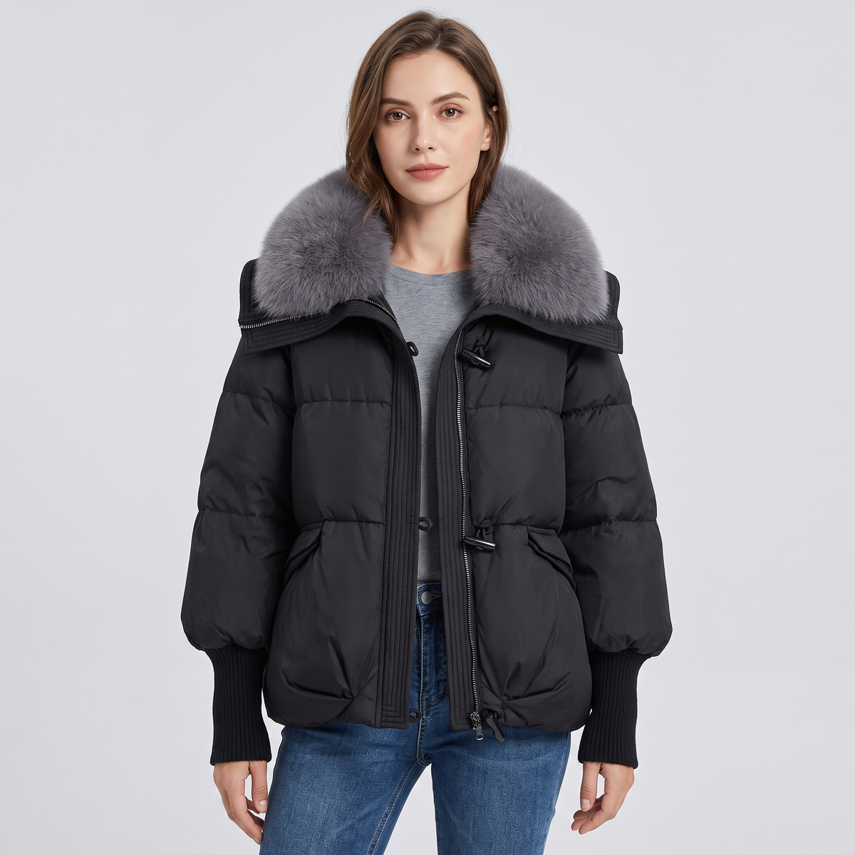 Valentina Womens Long Puffer Jacket with Fur Collar in Black