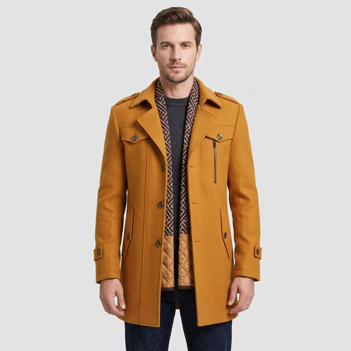 Kensworth Mens Virgin Wool Coat with Detachable Scarf in Cognac Brown