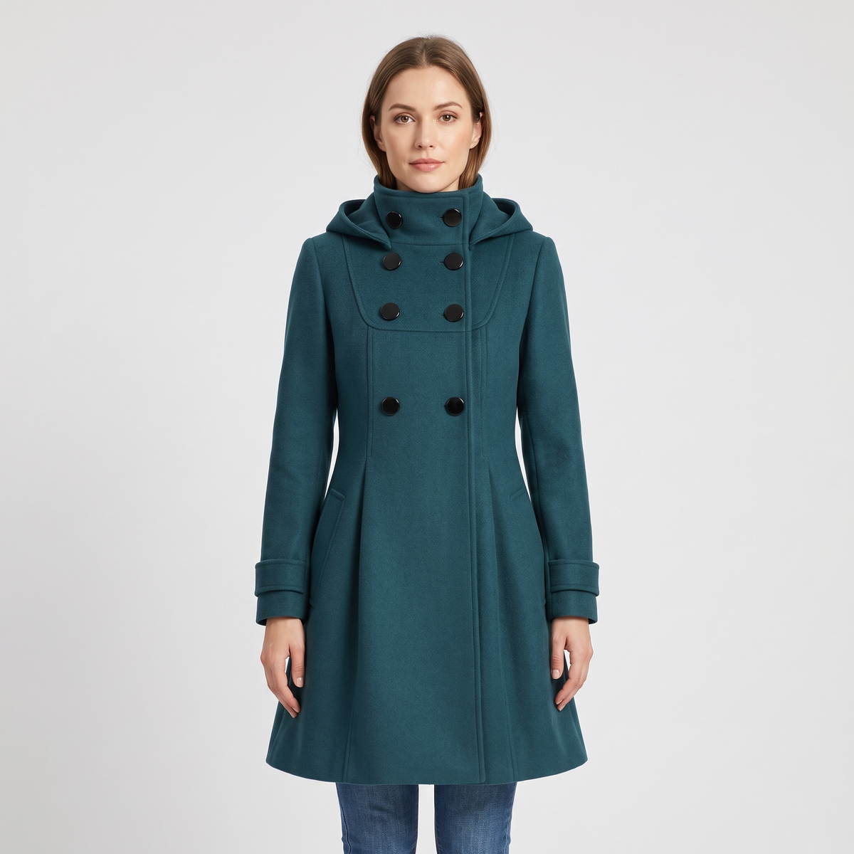 Krista Womens Hooded Coat with Double Button Front