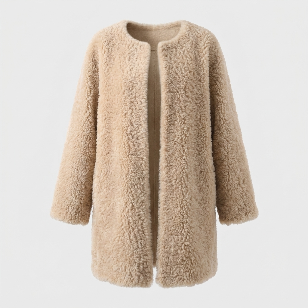 Olivia Womens Shearling Fur Coat in Khaki Beige