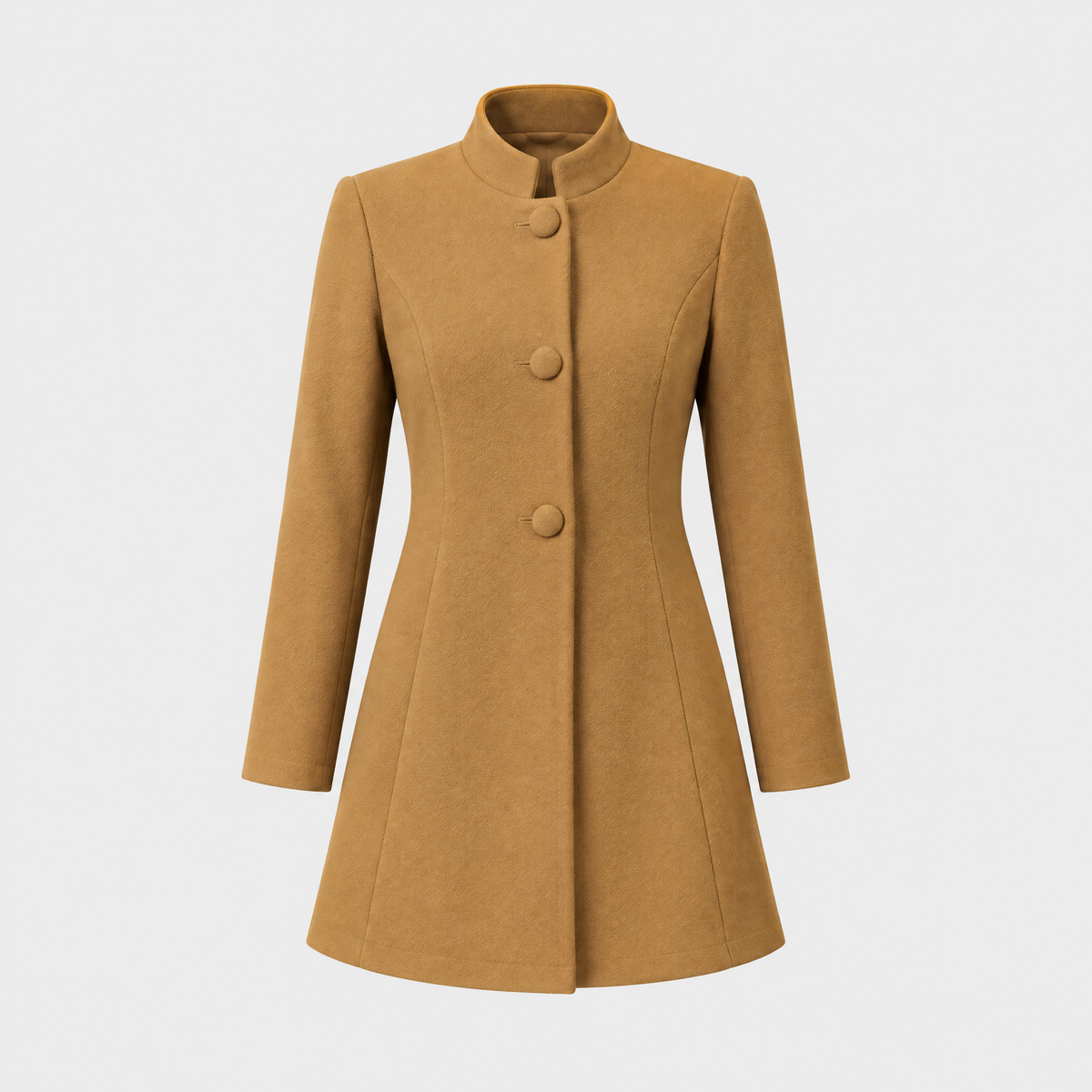 Hallie Womens Button-Down A-Line Coat with Stand Collar in Camel
