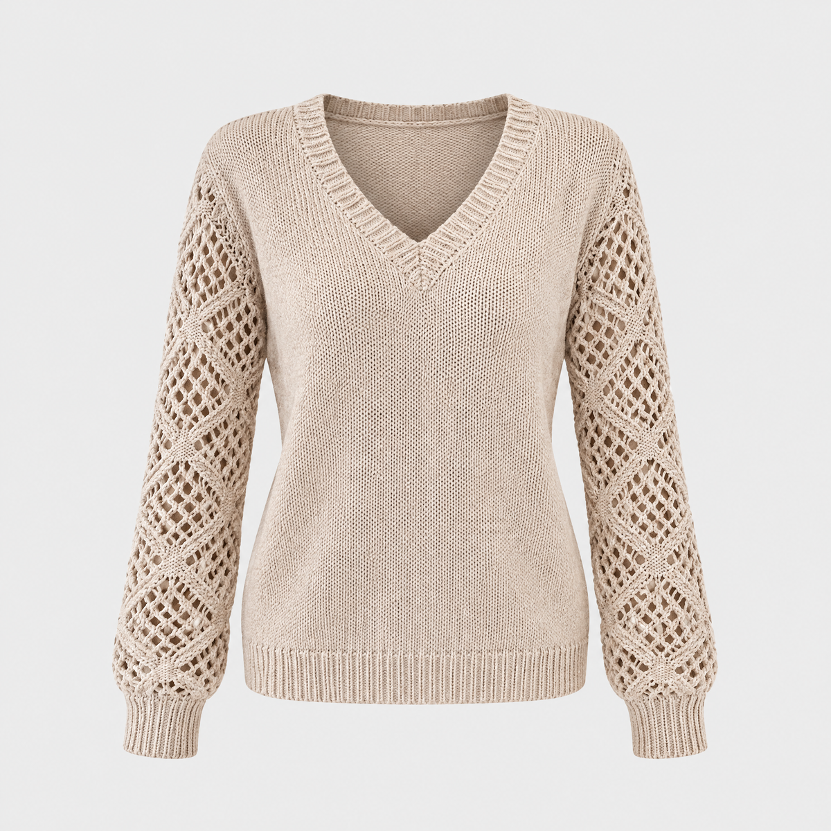 Women's V-Neck Crochet-Sleeve Sweater, Ribbed Cuffs | Solid Body, Open-Knit Sleeves | 5 Colorways | S–XL