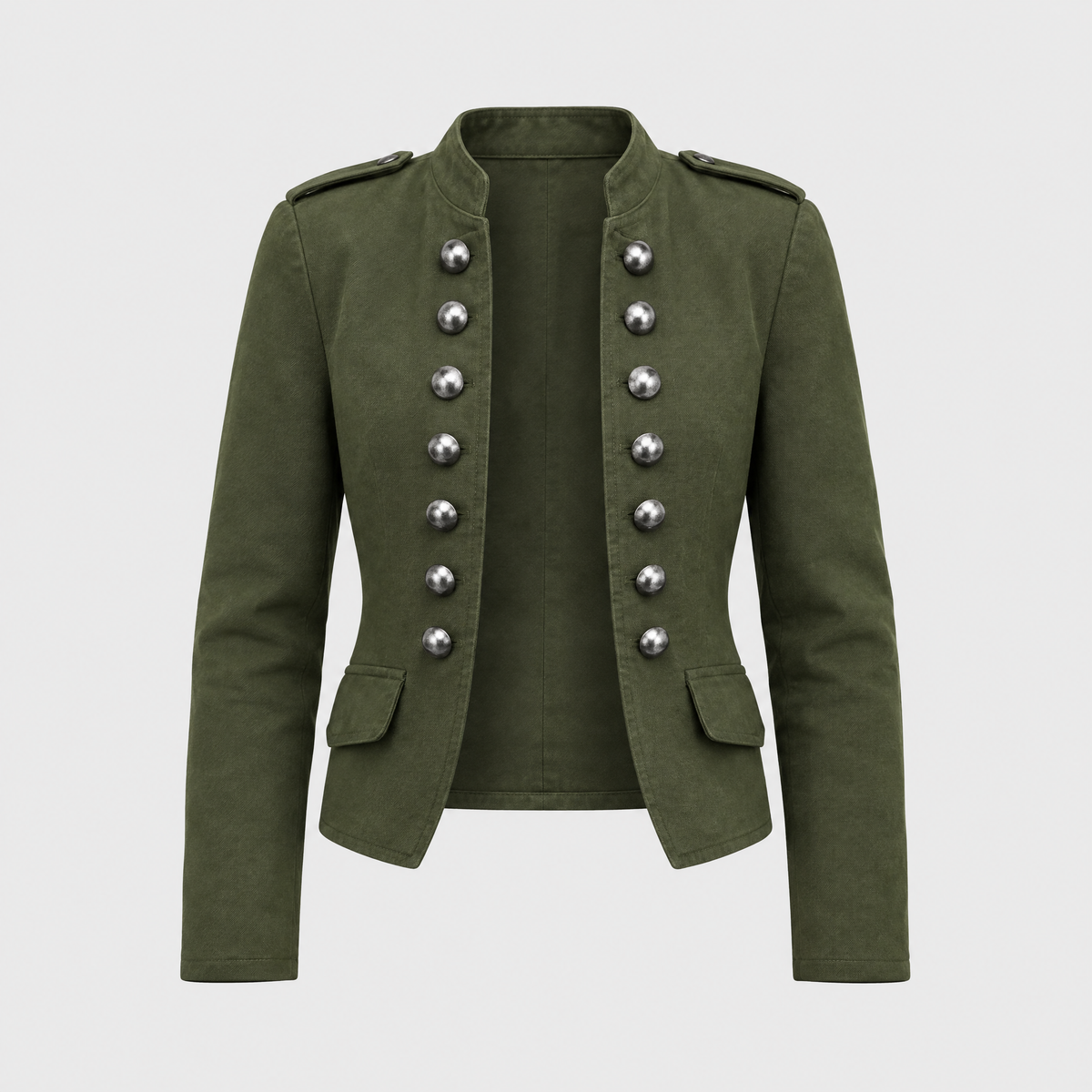 Women's Double-Breasted Military Cropped Jacket | Stand Collar, Silver Buttons, Epaulettes | 5 Colorways | S–5XL
