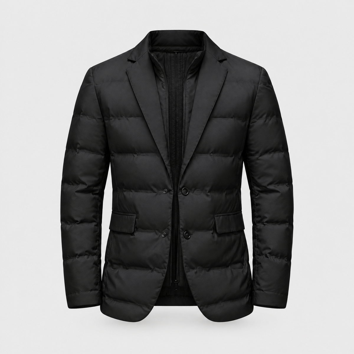 Men's Down Jacket with Duck Down Fill | Lapel Collar, Zip & Button Front | Black, Gray or Green | S–XXL