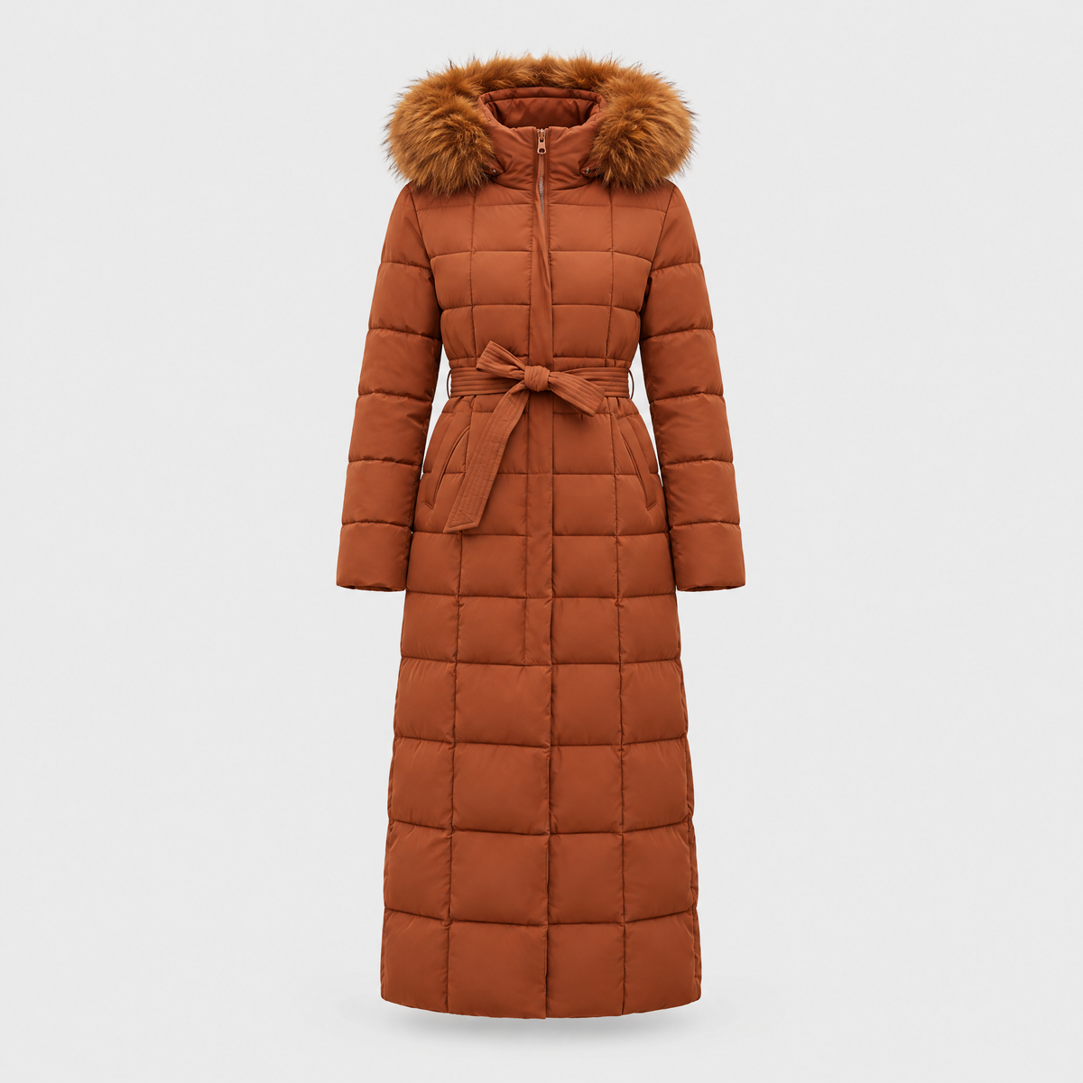 Quilted Hooded Belted Maxi-Length Puffer Jacket for Women – Warmth & Cozy Comfort