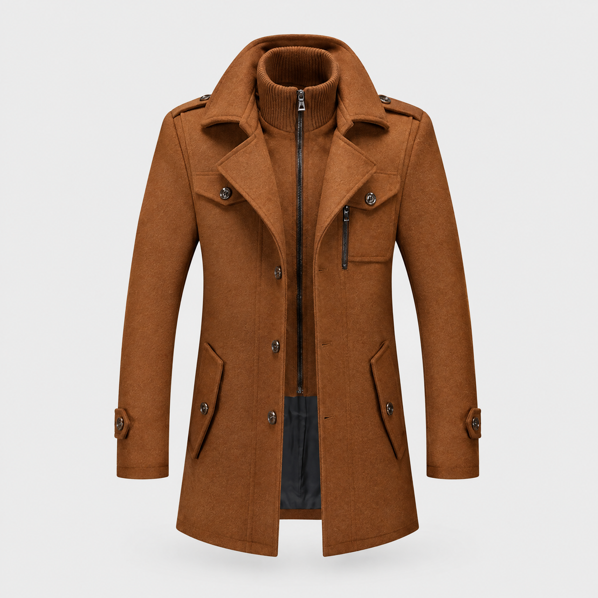 Men's Wool Blend Coat, Stand-Up Collar | Zipper Front, Thoughtful Pocket Layout | Brown, Black or Gray | S–XXL