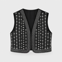 Women's Sequin-Embroidered Boho Vest, Cropped Cut | Hand-Stitched Sparkle, Open-Front Design | Black | Sizes S–L