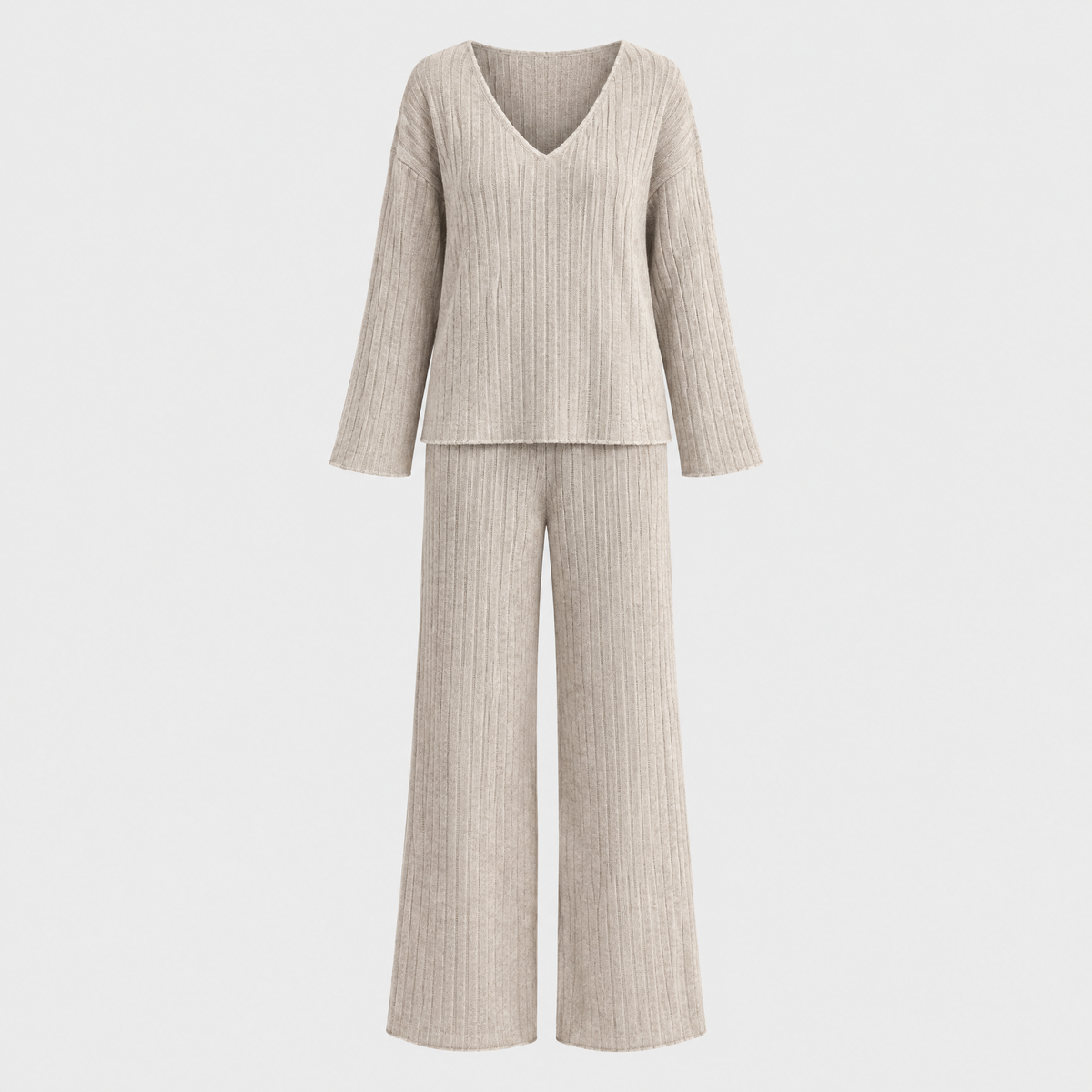 Women's Knitted Two-Piece Set, Ribbed Sweater & Trousers | V-Neck Top, Flexible Fit | 7 Colorways | S–2XL