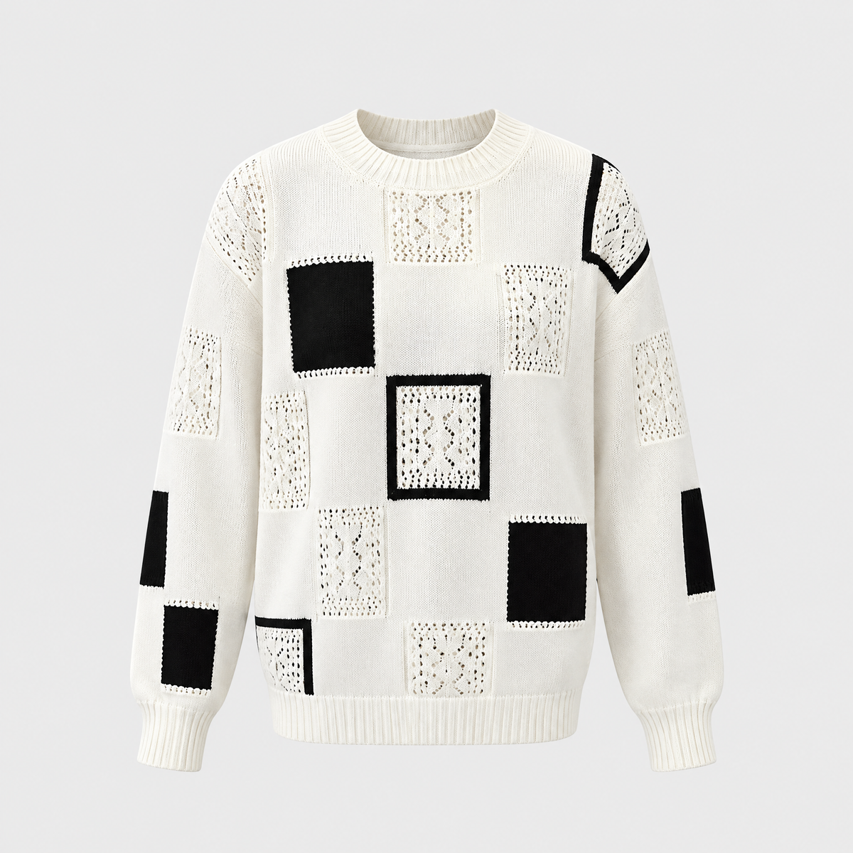 Women's Squares-Pattern Sweater, Chic Design | Subtle Geometric Detail, Relaxed Drape | White, Black or Yellow | One Size